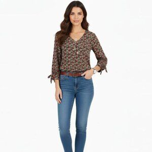 NWT Charter Club XL Stretchy Ditsy Floral Print V-Neck Tie-Cuff Top Black Multi